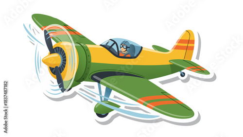 Yellow And Green Propeller Aircraft Flying With Pilot In Cockpit On Black Background With Air Trails