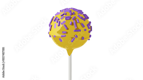 Yellow Cake Pop With Purple Sprinkles On A White Stick Isolated On Black Background