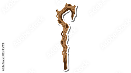 Wooden Walking Stick With An Unusual Gnarled Shape On A Black Background Abstracted Image With White Outline And Shadow