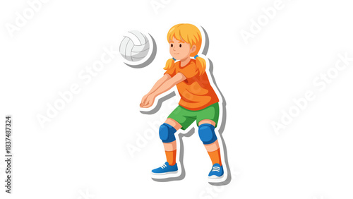 Young blonde child in orange shirt and green shorts playing volleyball with white ball focused on court wearing blue knee pads and athletic shoes isolated on black background