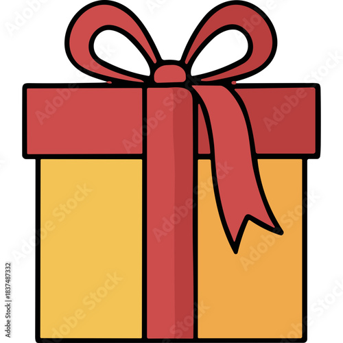 A Flat Illustration of a Yellow Gift Box Tied With a Red Ribbon and Bow on a Black Background