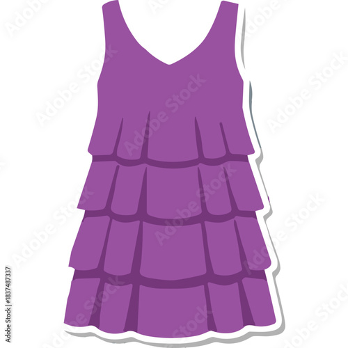 A Fluffy Purple Tiered Dress with a V-Neckline and Simple Design Detailed with a White Outline and Shadow Isolated on a White Background