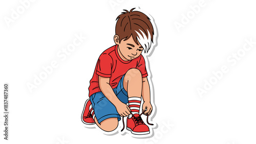 Young boy in red t-shirt blue shorts and striped socks tying red shoelaces on his sneakers while crouching down on a black background