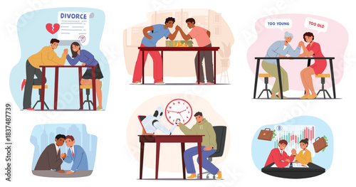 Business conflict and confrontation of ages, AI and human, husband and wife arm-wrestling set