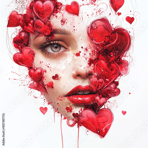 A woman's face is covered in red hearts