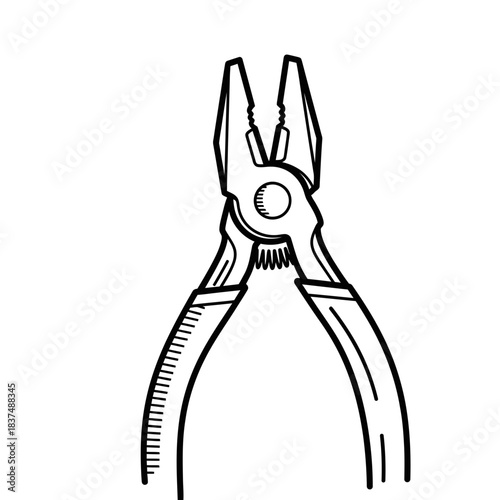 A detailed black and white line drawing of a pair of pliers, a common hand tool used for gripping and cutting.