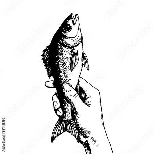 Hand-drawn black and white vector illustration of a hand holding a fish — vintage fishing artwork