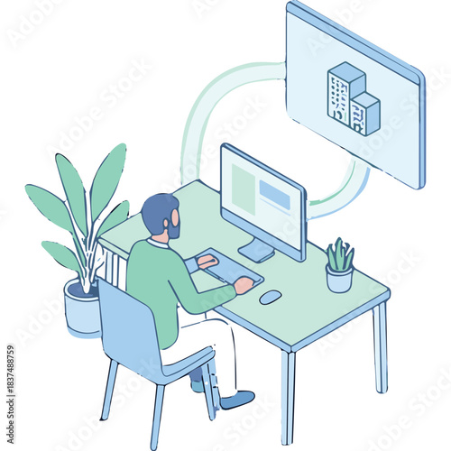 A man in a light blue shirt and dark pants sits at a light blue desk working on a computer monitor and screen displaying a building icon with green plants on a white background
