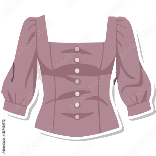 A Mauve Colored Square Neckline Button Up Puff Sleeve Blouse with a Slim Fitted Bodice and Light Pink Buttons Perfect for Fashionable Outfits in Soft Lighting
