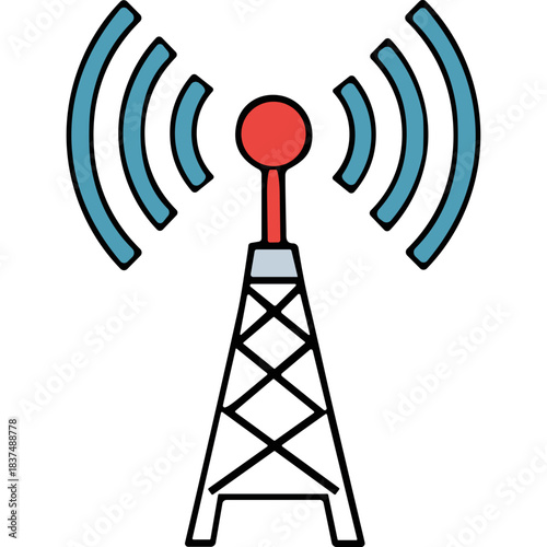 A minimalist illustration of a communication tower with red top emitting blue signal waves on a black background symbolizing wireless technology and broadcasting