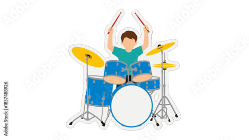 Young Person Playing Drum Kit with Drumsticks Energetic Musical Performance in a Studio with Blue and Silver Drums and Yellow Cymbals Engaging in a Rhythmic Activity