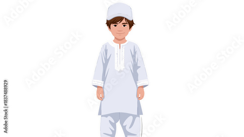 Young Boy Wearing Traditional White Clothing and Kufi Cap Smiling Slightly Against a Black Background Isolated Portrait