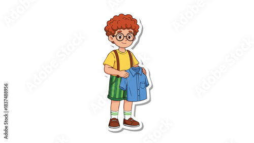 Young Boy with Curly Red Hair and Glasses Holding a Blue Shirt in a Cartoon Style With Green Striped Shorts and Yellow Suspenders