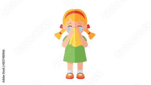 Young Girl Crying And Blowing Nose With Yellow Tissue In A Green Dress And Orange Shoes Isolated On Black Background