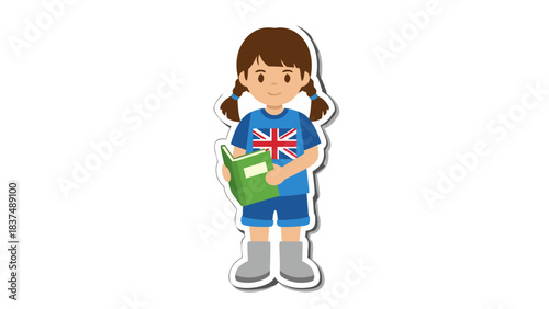 Young Girl With Pigtails Wearing A Union Jack T Shirt And Blue Shorts Holding A Green Book And Gray Boots In Isolated Black Background