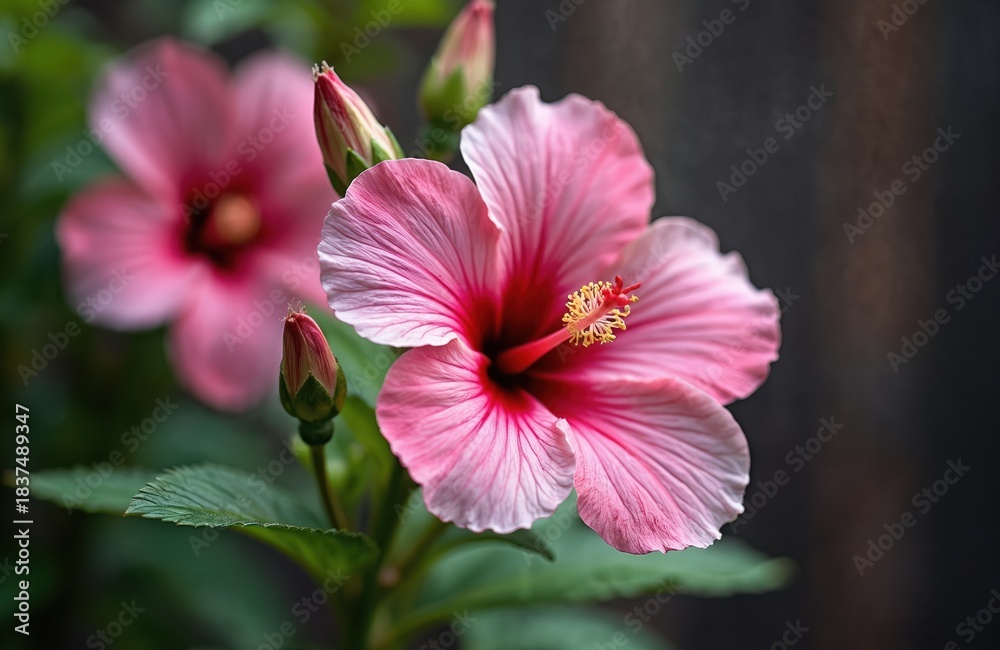 Fototapeta premium Pink hibiscus flower opens its petals in summer garden. Delicate petals show vibrant color contrast with dark blurry background. Green leaves and buds surround blooming plant.