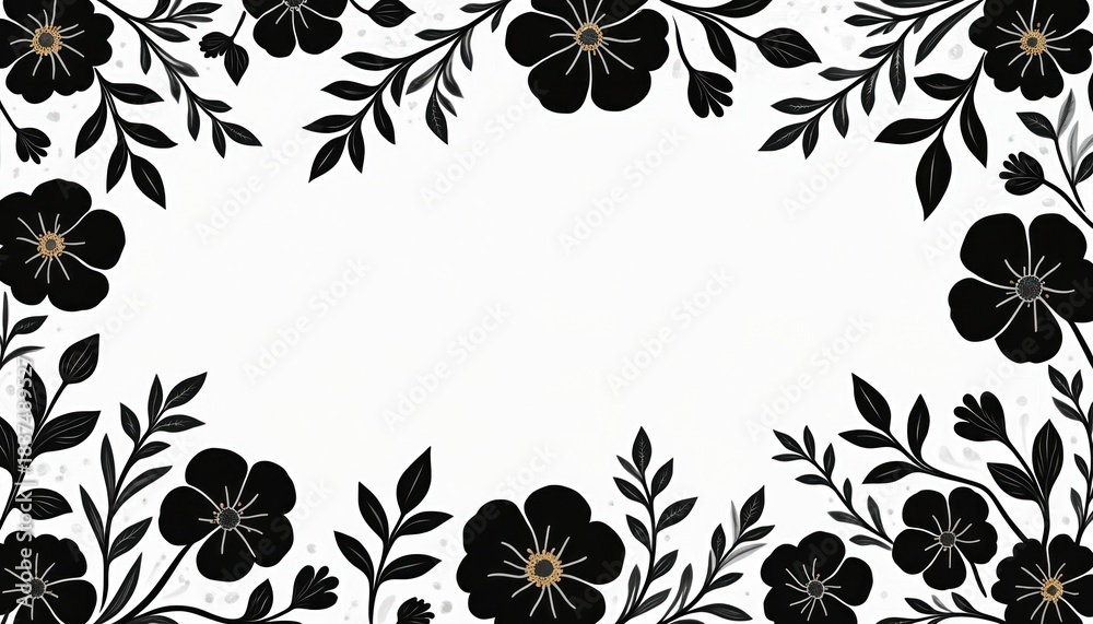 Fototapeta premium Black flower branches and leaves create a decorative frame on a white background. Elegant floral pattern for design projects. Minimalist and modern botanical art composition.
