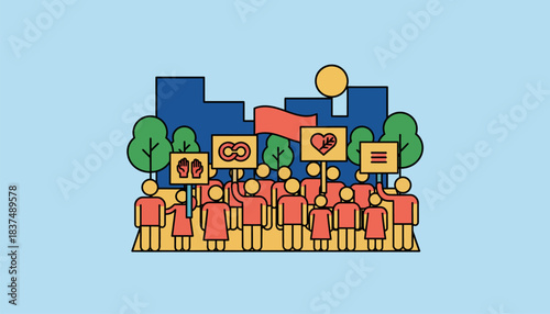 A community gathering in a vibrant town square with people of all backgrounds holding signs promoting harmony and acceptance during a peaceful protest.