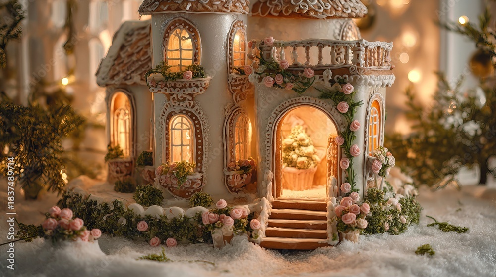 Fototapeta premium Stunningly detailed gingerbread fairytale castle glows warmly in a magical snowy winter wonderland setting