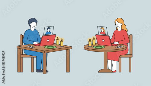 A couple enjoying a virtual dinner date each seated at their dining tables with candles creating an intimate ambiance through their laptops.