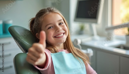Smiling young girl in modern dentist chair gives thumbs up. Child patient feels happy after successful dental check up appointment. Kid shows healthy white teeth, promoting good oral care, hygiene