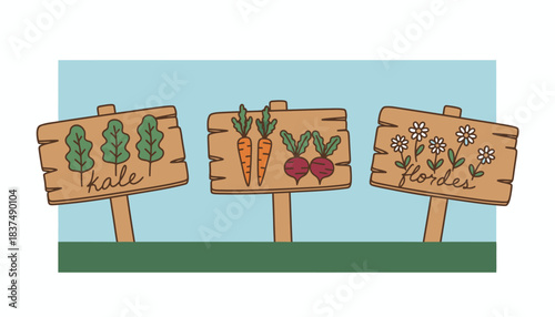 Handwritten signs marking different organic plots showcasing crop diversity such as kale carrots and beets a flowering herbs.