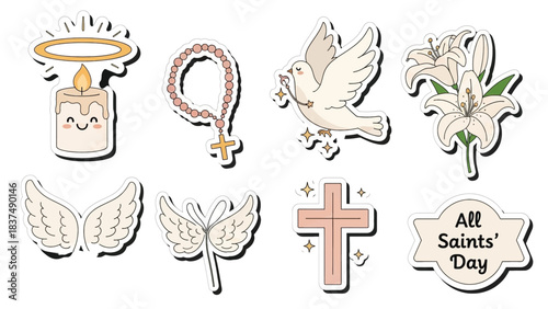 Charming religious symbols and elements for spiritual celebration, including a dove, cross, and lilies.
