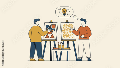 Two painters creating artworks in a shared studio exchanging techniques and ideas while showcasing their unique interpretations of the same theme.