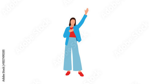 Young Woman In Blue Jacket Red Shirt And Light Blue Pants Waving Hand Standing Against Black Background Flat Design Style