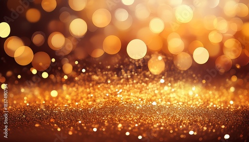 Abstract New Years Party Gold And Orange Abstract Background With Sparkling Glitter And Defocused Bokeh Lights Bubbles