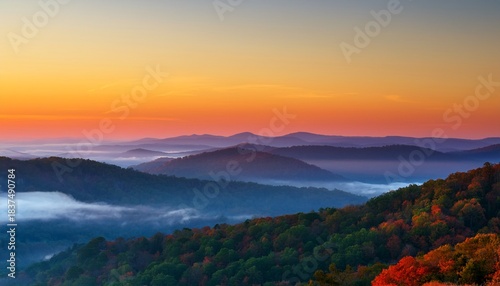 Fog And Shadows Creating Color Gradients Of The Arkansas Ozark Mountains At Sunrise