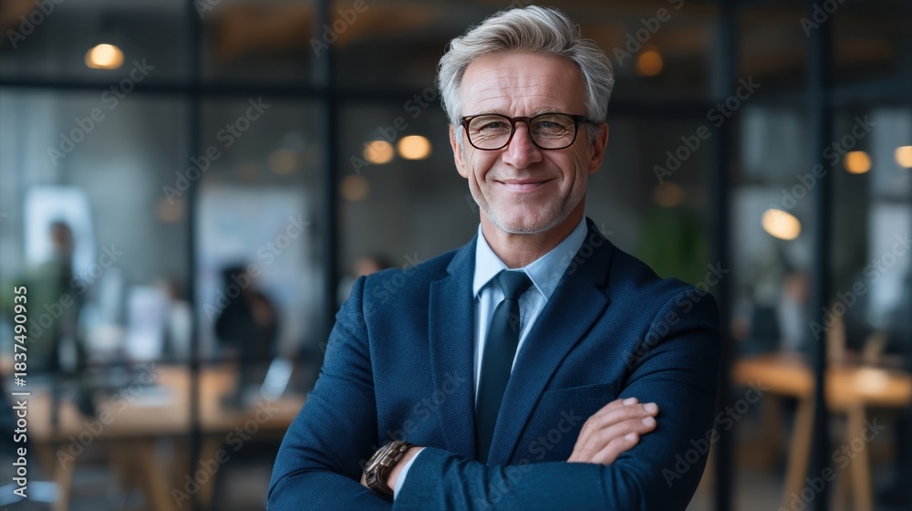 Fototapeta premium A middle aged man in a suit smiles confidently while standing with arms crossed in a bright modern office. Large windows reveal a bustling work environment in the background.
