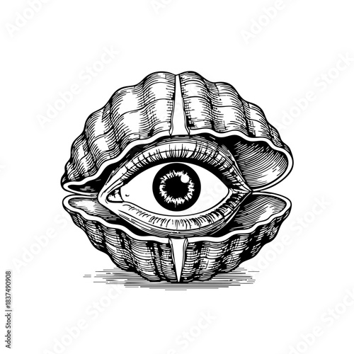 Surreal black and white vector illustration of an eye inside a seashell — symbolic hand-drawn artwork with mystical and abstract meaning