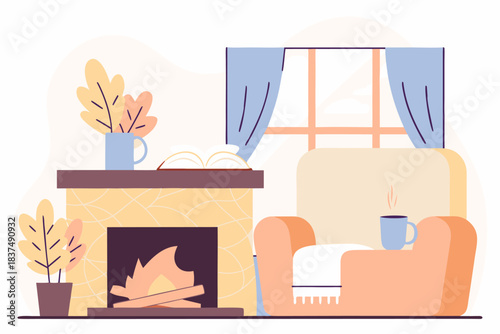 Przytulny salon z kominkiem, wygodnym fotelem i kubkiem gorącej herbaty, ciepłe domowe wnętrze jesienią.