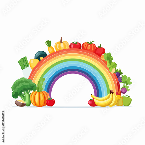 Kolorowa tęcza z warzyw i owoców, zdrowa dieta w kolorach tęczy na białym tle.