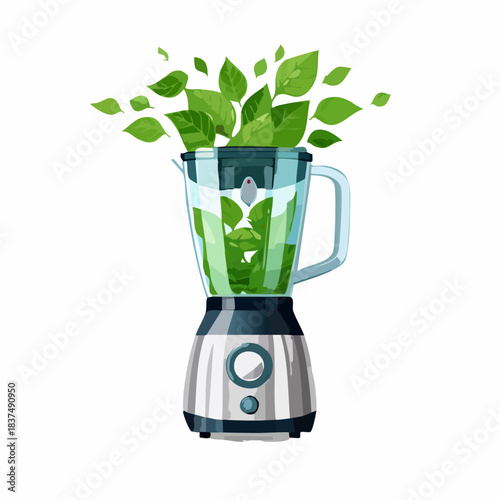 Blender kuchenny z zielonymi liśćmi, zdrowy koktajl, wegański detoks, świeże smoothie.