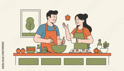 A cooking class at home where a couple is playfully preparing a dish together surrounded by fresh ingredients and recipes.