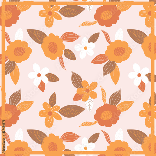 Print for kerchief, bandana, scarf, handkerchief, shawl, neck scarf. Squared pattern with ornament for fabric, textile, silk products. Paisley vector with abstract flowers. Floral folk tracery.