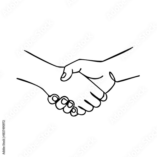 Minimal black and white line art illustration of a handshake — agreement, partnership, teamwork, and business cooperation concept