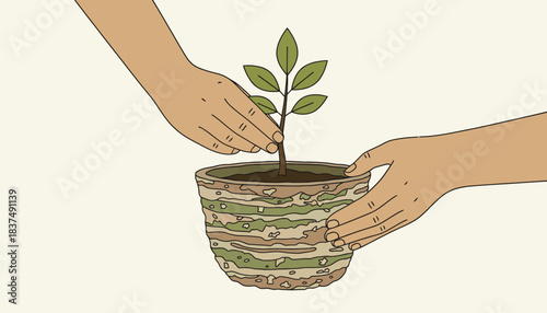 A closeup of hands planting a small tree in an organic pot made from recycled materials highlighting a commitment to environmental stewardship in daily practices.