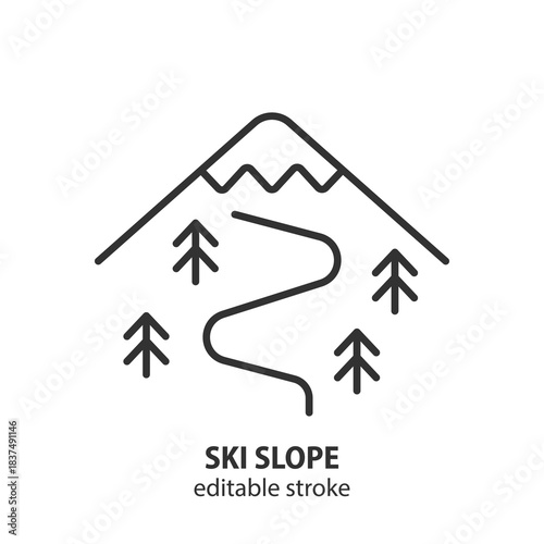 Line icon illustrating mountain ski slope with pine trees. Winter sport and recreation activity sign. Editable stroke. Vector illustration.