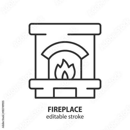 Fireplace line icon with flame. Hearth symbol for home heating and cozy interior decor concept. Vector illustration.Editable stroke.