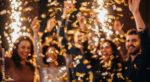 Excited group of friends celebrating at a party with falling golden confetti. Happy people dancing at a festive new year's eve event with sparklers