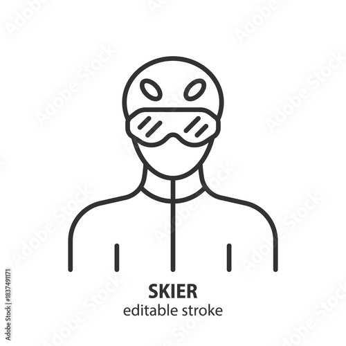 Skier line icon. Winter sport graphic element for web and mobile application. Editable stroke. Vector illustration.