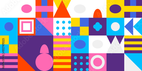 Colorful geometric mosaic pattern background with abstract shapes including circles, squares, and triangles in vibrant hues.