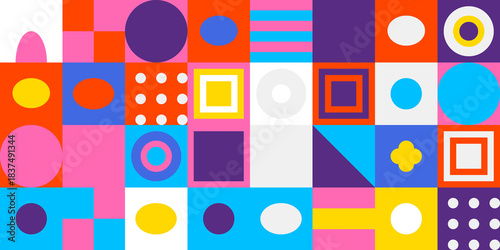 Tableau sur toile Vibrant geometric mosaic pattern with colorful squares, circles, and abstract shapes creating a playful modern design