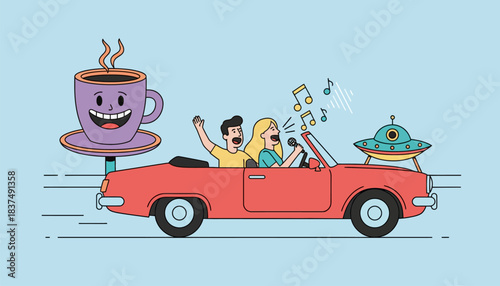 Partners embark on a road trip singing along to their favorite songs and stopping at quirky roadside attractions.