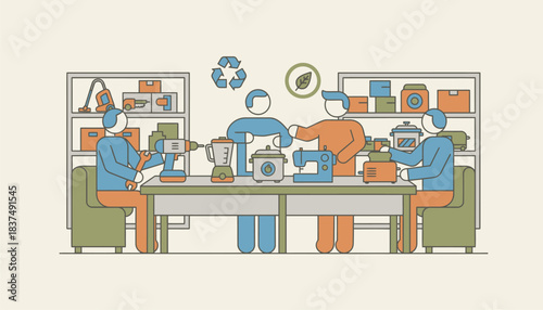 A communal living space where residents share tools and appliances reducing the need for individual ownership and wasteful consumption.