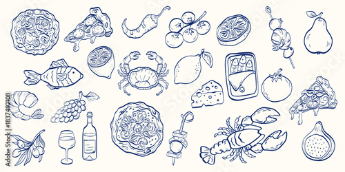 Mediterranean food doodle set with seafood, fruits, vegetables, cheeses and pizza, all drawn in clean bold line-art. Perfect for packaging, menus, branding and recipe illustrations