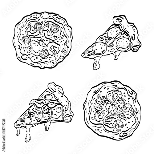 Set of Mediterranean pizza illustration with tomatoes and basil, drawn in clean line-art for food-themed designs. A simple and bold graphic perfect for menus, packaging and branding